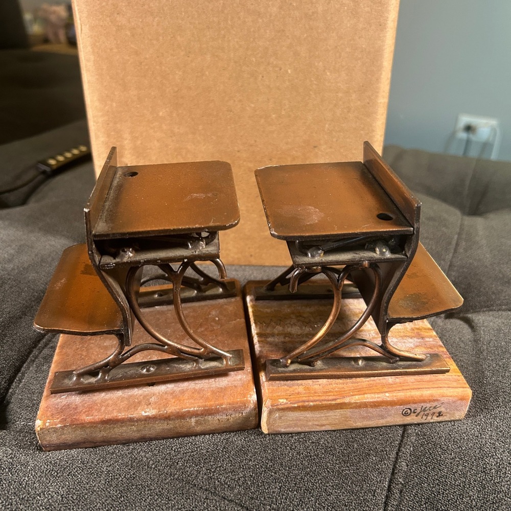 Vintage 1972 C. Jere School Desk Bookends Marble Base Copper Metal Brutalist Set